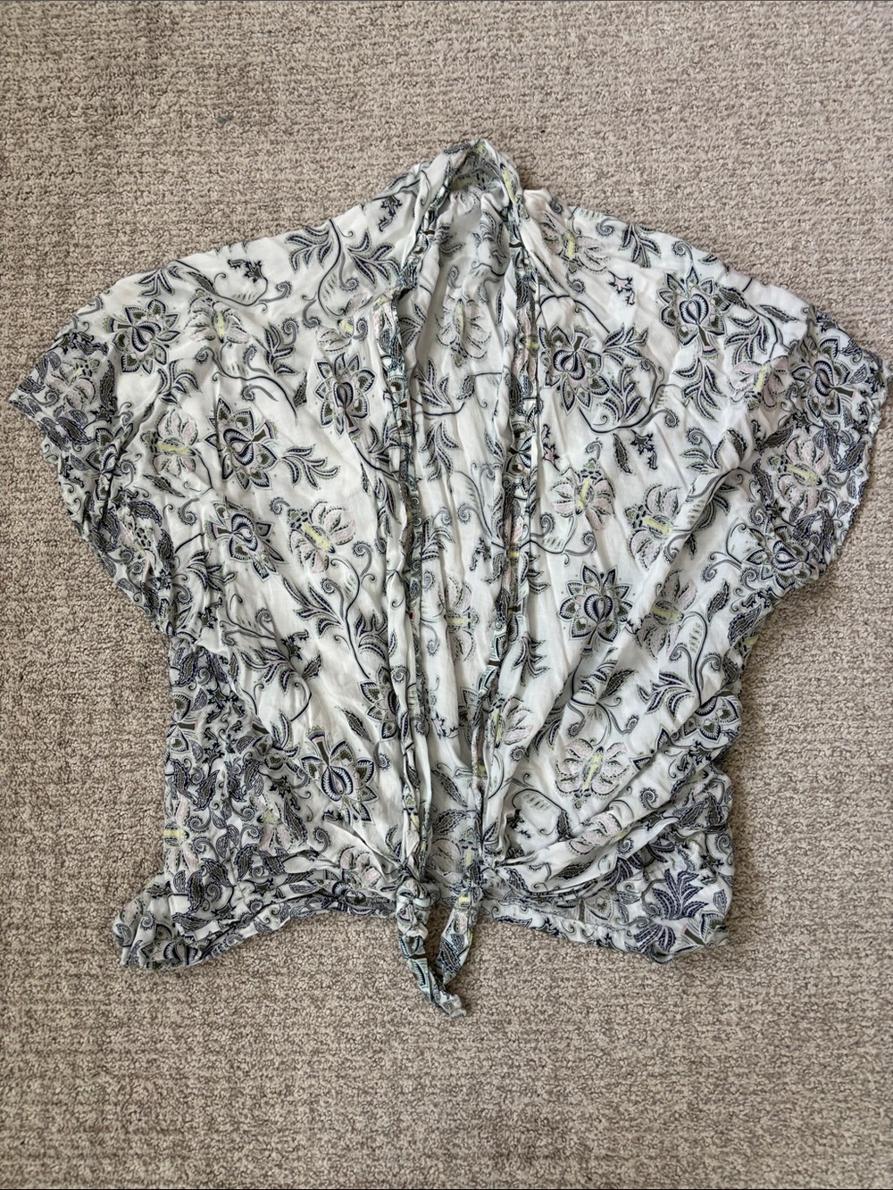 LOFT White Floral Tie-Front Blouse Kimono Top  Shawl with Navy and Green Print